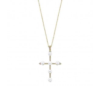 Colgantes Pearl, cruz de perlas y detalle de circonitas, dorado, 50+5 cm REF:00510277
