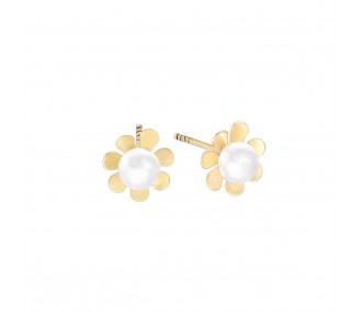 Pendientes Kids & Baby perla con bisel en flor de 7 petalos, diametro 6 mm, oro amarillo 18 k REF:00