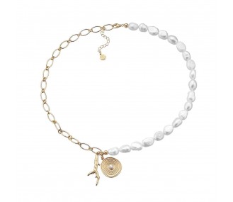 Gargantilla CoCo, mitad perla, mitad cadena, raiz y medalla con adorno de perla, dorado, 42+5 cm REF