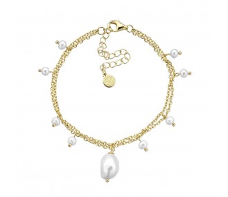 Pulsera Coco, doble con perla barroca colgante y perlas redondas colgando, dorado, 16,5 +5 cm REF:00
